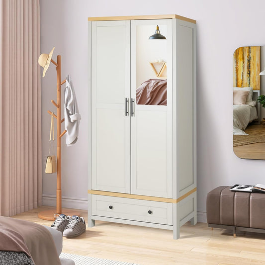 Coewske Tall Armoire Wardrobe Closet Storage Cabinet Clothes Organizer w/ Mirror & Drawer