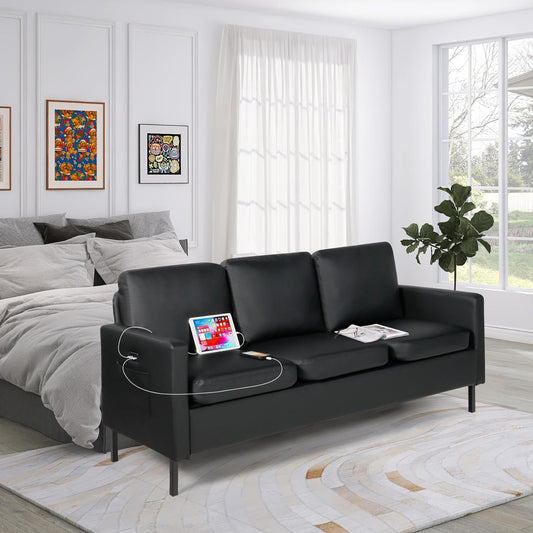 Coewske 72'' Faux Leather Sofa Couch Comfy 2-Seat Couch w/ 2 USB Charge Ports Black