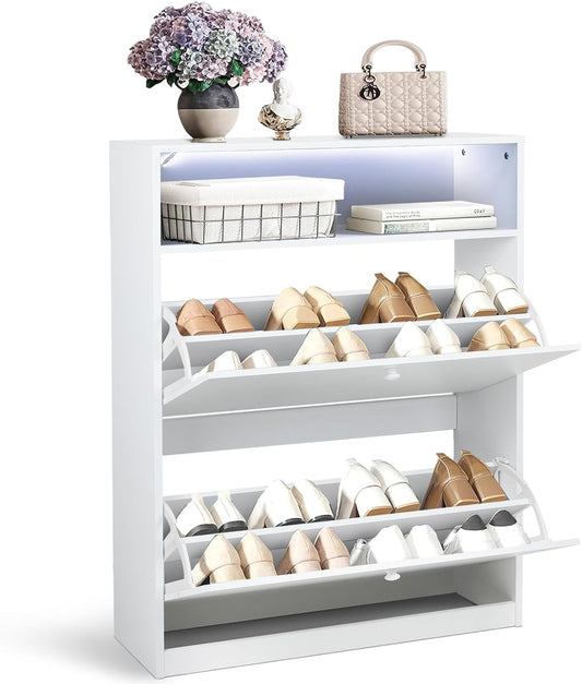 Coewske White Shoe Cabinet 3-Tier Storage Shoe Rack Organizer w/ 2 Flip Drawers & Led Light