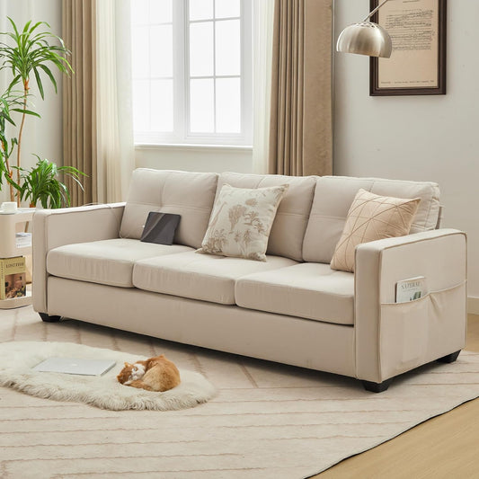 Coewske 88'' 3-Seat Fabric Linen Sofa Couch Home Office w/ USB Ports Beige