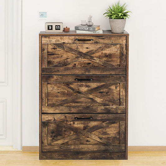 Coewske Industrial Storage Shoe Cabinet Organizer Narrow Shoe Rack w/ 3 Flip Drawers Rustic Brown