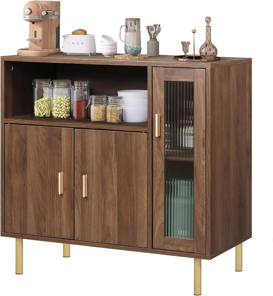 Coewske Modern Sideboard Buffet Credenza Multifunctional Storage Cabinet w/ Glass Door Brown