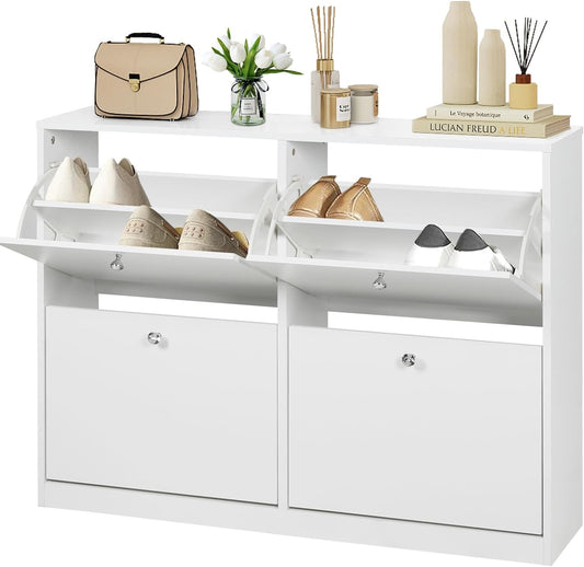 Coewske Entryway Shoe Rack Cabinet Storage Shoe Organizer w/ 2-layer Flip Drawers White