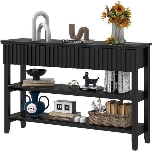 Coewske Narrow Console Table Painted Wood Long Sofa Entryway Table w/ 3 Drawers & 2-Tier Shelf Black