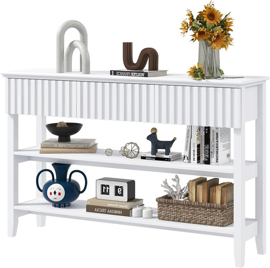 Coewske Narrow Console Table Painted Wood Long Sofa Entryway Table w/ 3 Drawers & 2-Tier Shelf White