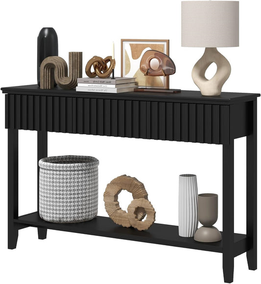 Coewske Narrow Console Table Painted Wood Long Sofa Entryway Table w/ 3 Drawers & Open Shelf Black