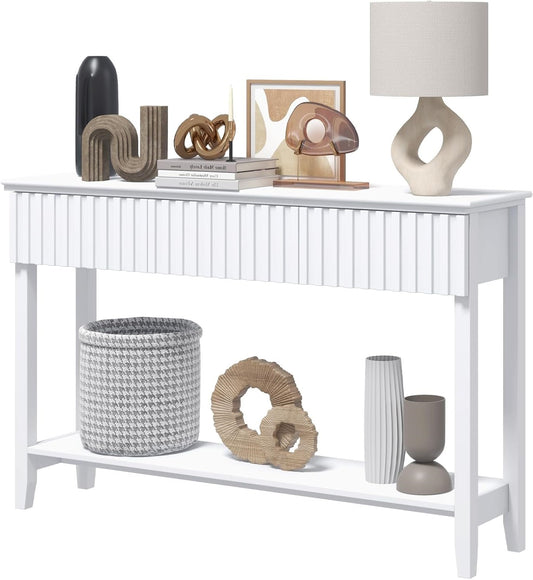 Coewske Narrow Console Table Painted Wood Long Sofa Entryway Table w/ 3 Drawers & Open Shelf White