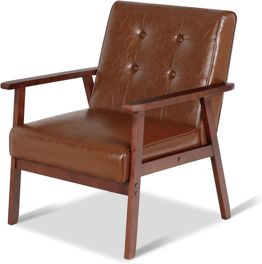 Coewske Mid Century Accent Chair Upholstered Reading Arm Chair w/ Wooden Frame Brown
