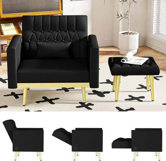 Coewske Velvet Accent Chair & Ottoman Set Recliner Lounge Chair w/ Adjustable Backrest 2 USB Ports