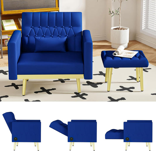 Coewske Velvet Accent Chair & Ottoman Set Recliner Lounge Chair w/ Adjustable Backrest 2 USB Ports Navy Blue