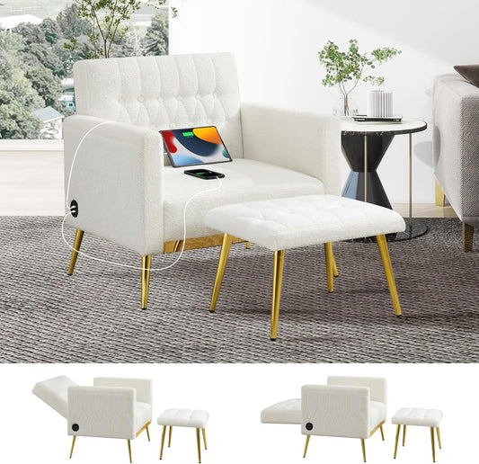 Coewske Lamb Wool Accent Chair & Ottoman Set Recliner Lounge Chair w/ Adjustable Backrest USB Ports White