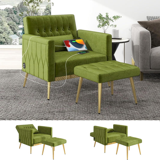 Coewske Velvet Accent Chair & Ottoman Set Recliner Lounge Chair w/ Adjustable Backrest USB Ports Green