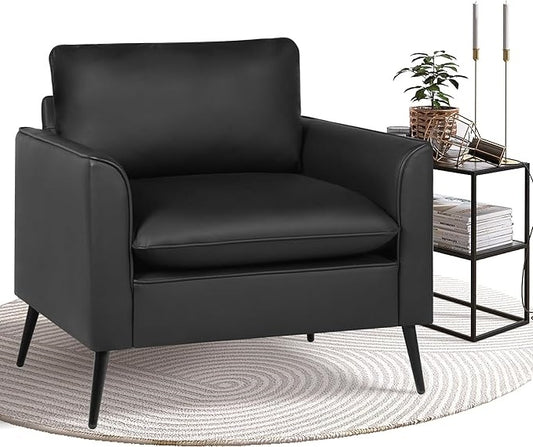 Coewske Modern Leather Accent Chair Comfy Single Sofa Chair for Living Room Bedroom Office Black