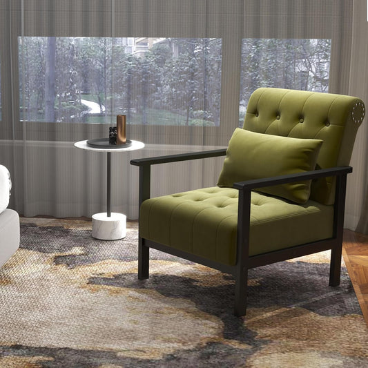Coewske Green Velvet Modern Accent Chair Upholstered Armchair w/ Pillow Wood Frame