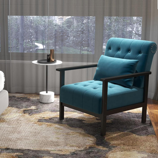Coewske Blue Velvet Modern Accent Chair Upholstered Armchair w/ Pillow Wood Frame