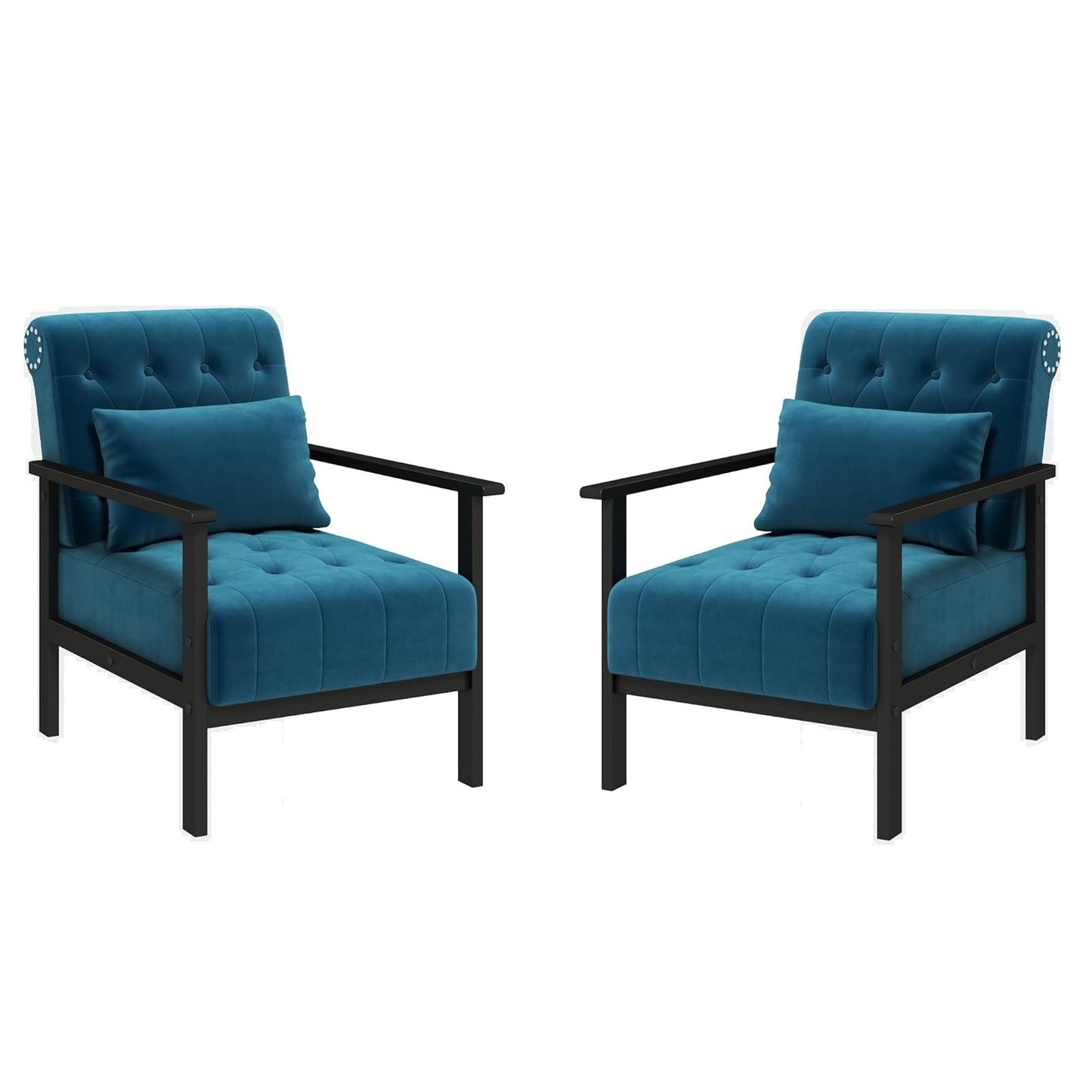 Coewske 2PCS Blue Velvet Modern Accent Chair Upholstered Armchair w/ Pillow Wood Frame