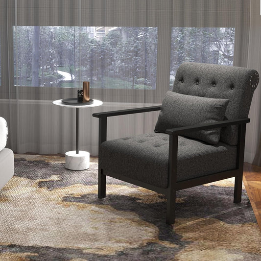 Coewske Gray Fabric Modern Accent Chair Upholstered Armchair w/ Pillow Wood Frame
