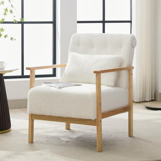 Coewske White Boucle Modern Accent Chair Upholstered Armchair w/ Pillow Wood Frame