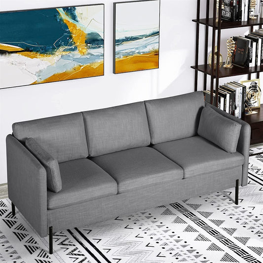 Coewske 70''W Upholstered Modern 3-Seater Sofa Comfy Sofa Couch w/ 3 Pillows & Iron Legs Gray