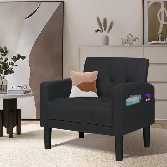 Coewske Leather Modern Accent Chair Tufted Cozy Single Sofa Chair Armchair w/ Side Pocket Black