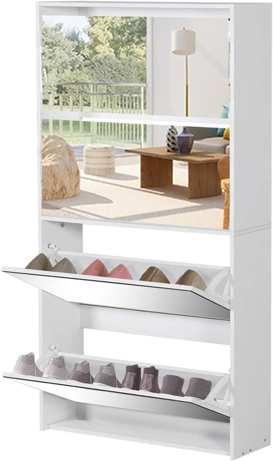 Coewske Entryway Slim Shoe Cabinet Freestanding Shoe Rack Storage Organizer w/ Mirror 4 Flip Drawers