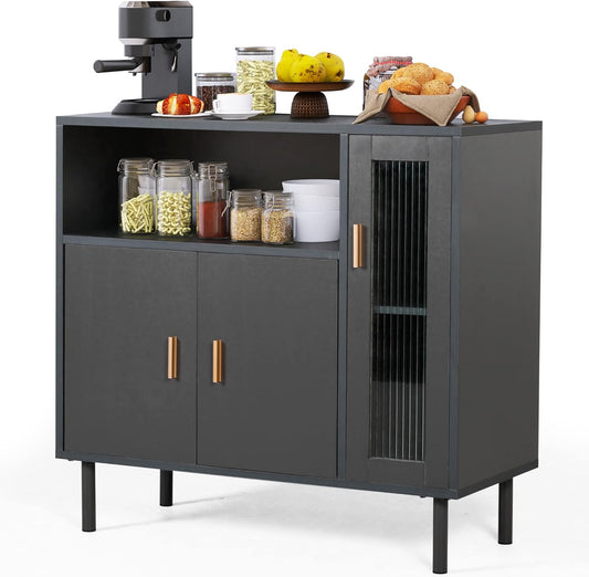 Coewske Modern Sideboard Buffet Credenza Multifunctional Storage Cabinet w/ Glass Door Gray