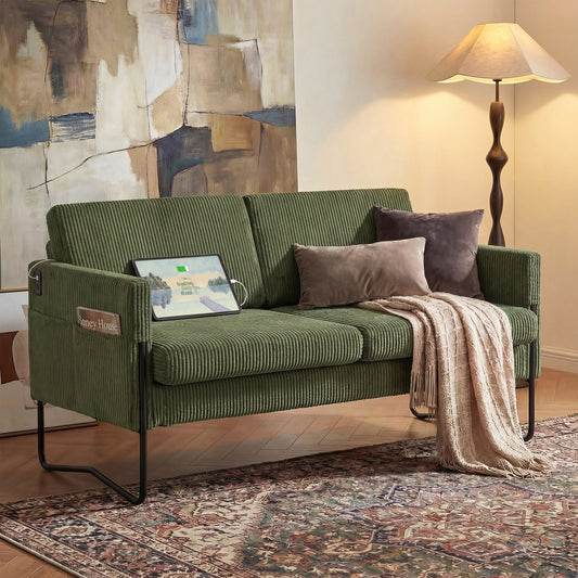 STHOUYN Small Green Couch for Living Room, Bedroom, Corduroy Loveseat Sofa Couch for Small Space, Mini Love Seat Couch, 2 Seater Office Couch with USB Ports & Side Pockets