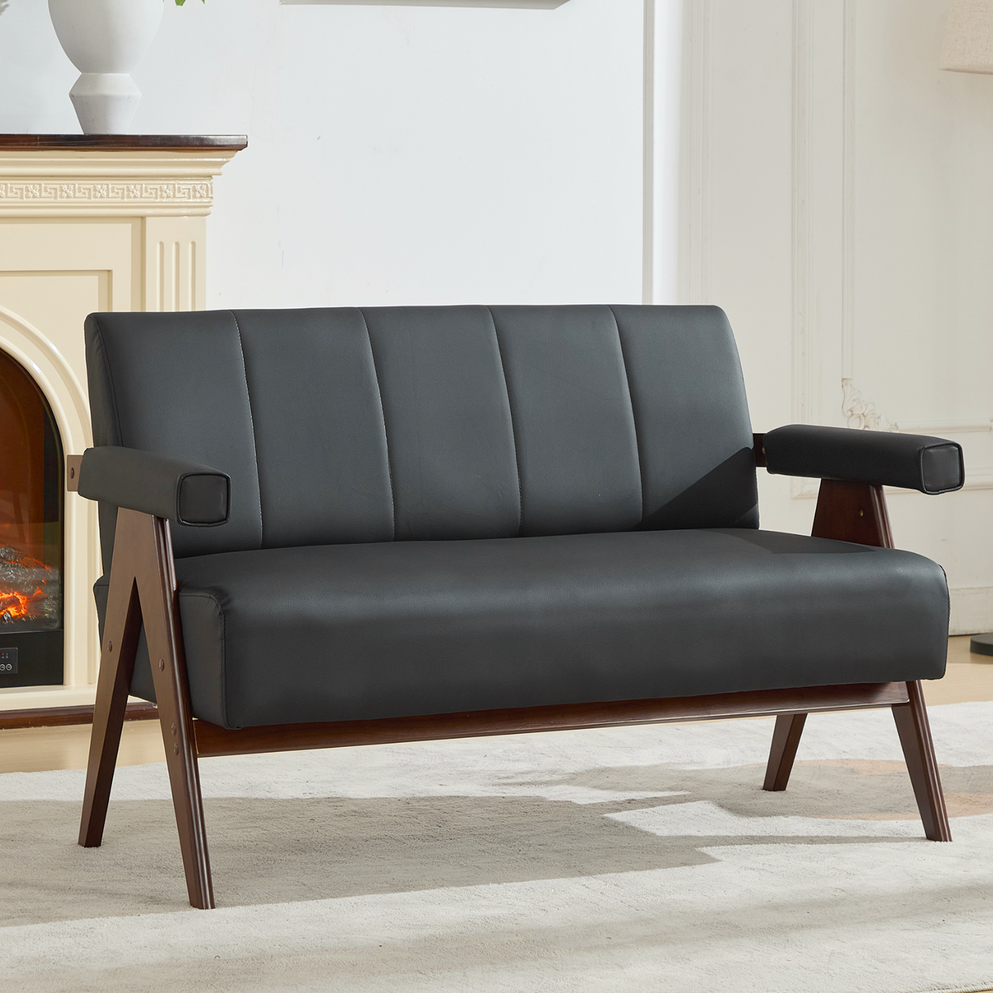 STHOUYN 50" Black Leather Sofa, Small Comfy Office Loveseat Couch with Back, Mid Century Modern Wooden Love Seat Bench Waiting Room Furniture Couches for Living Room, Bedroom