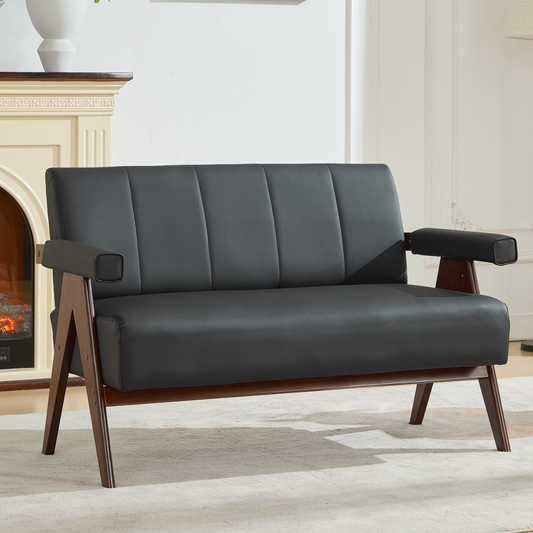 STHOUYN 50" Black Leather Sofa, Small Comfy Office Loveseat Couch with Back, Mid Century Modern Wooden Love Seat Bench Waiting Room Furniture Couches for Living Room, Bedroom