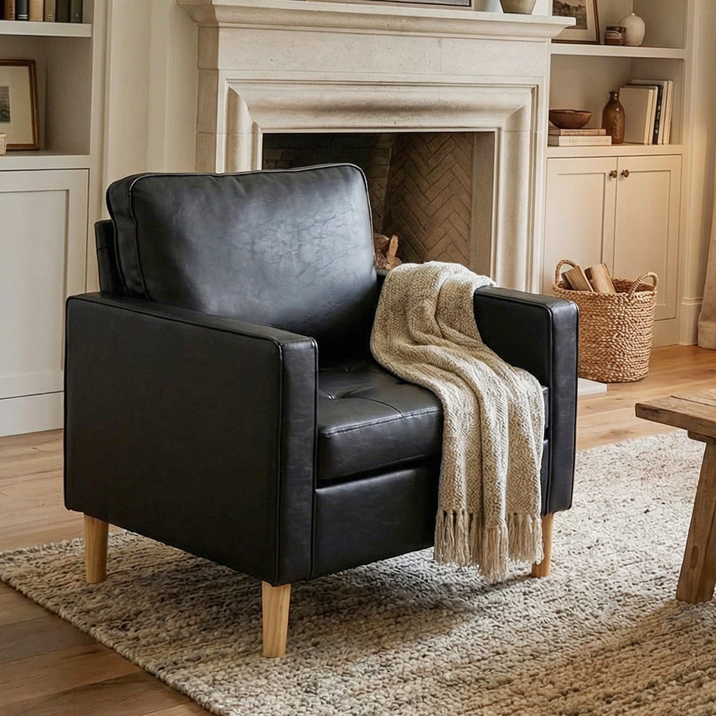STHOUYN Comfy Reading Accent Chair for Living Room, Black Leather Oversized Accent Lobby Chairs, Office Waiting Room Chairs with Arms, Club Chairs (Black, 1PC)