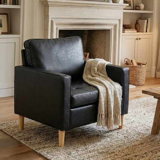 STHOUYN Comfy Reading Accent Chair for Living Room, Black Leather Oversized Accent Lobby Chairs, Office Waiting Room Chairs with Arms, Club Chairs (Black, 1PC)