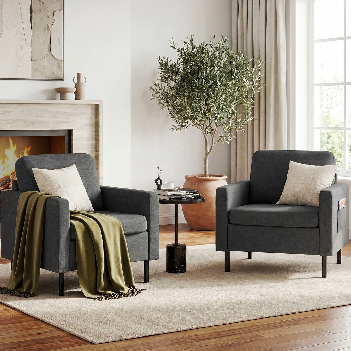 STHOUYN Modern Accent Chairs Set of 2, Bedroom Chair with Side Pockets, Linen Fabric Living Room Chair, Side Arm Chairs for Apartment, Waiting Room (Dark Grey, 2pcs)
