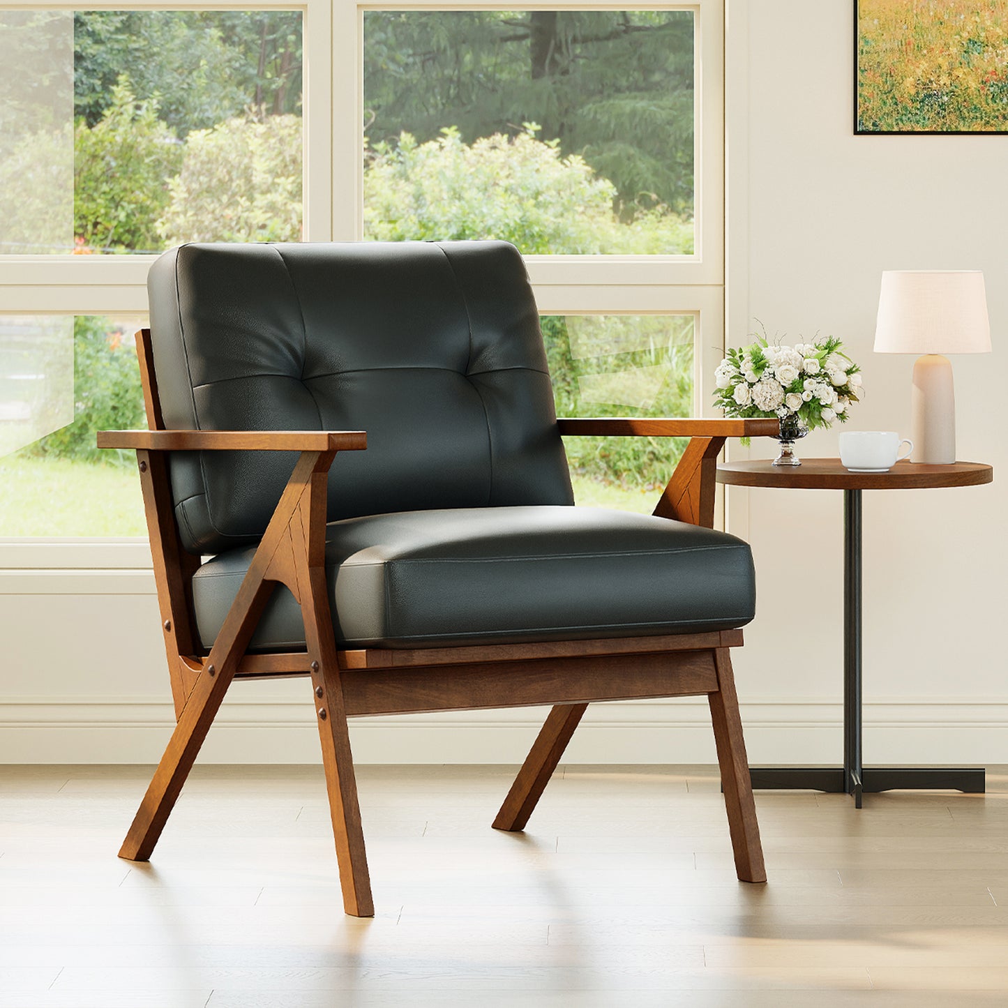 STHOUYN Black Faux Leather Accent Chairs Reading Chair Office Living Room