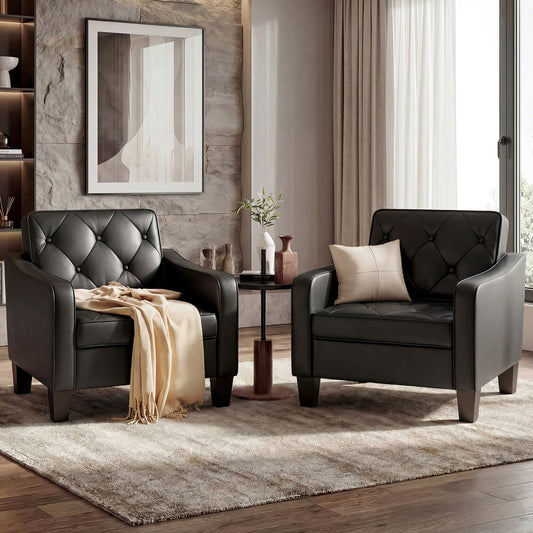 STHOUYN Black Accent Chairs Set of 2, Mid-Century Modern Faux Leather Armchair, Upholstered Living Room Chair Tufted Back, Ergonomic Office Guest Reading Chair Waiting Room, 330LBS Capacity (2, Black)