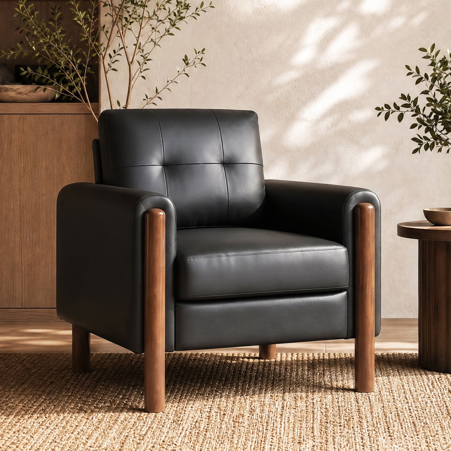 STHOUYN Black Leather Oversized Accent Chair with Wood Armrests, Mid-Century Modern Tufted Living Room Chair, Comfy Reading Chair with Lumbar Support & Thick Cushion Waiting Room Office