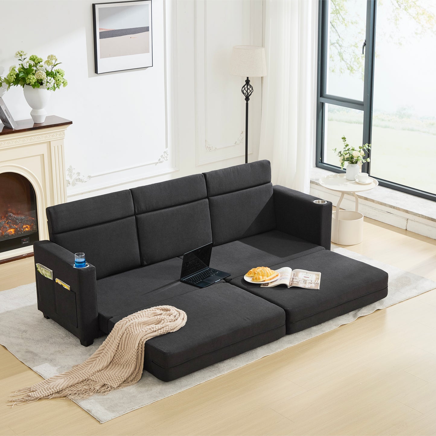 STHOUYN 89” Sleeper Sofa Bed, Black 3 Seat Office Couch, Comfy Folding Pullout Floor Couch for Bedroom Living Room, Convertible Guest Bed with Cup Holders & Side Pockets, Modern Linen Fabric (Black)