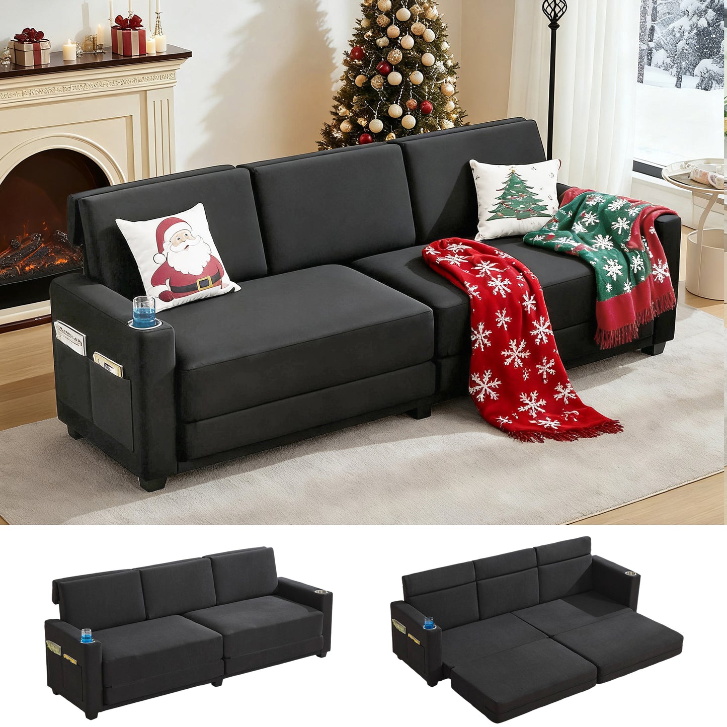 STHOUYN 89” Sleeper Sofa Bed, Black 3 Seat Office Couch, Comfy Folding Pullout Floor Couch for Bedroom Living Room, Convertible Guest Bed with Cup Holders & Side Pockets, Modern Linen Fabric (Black)