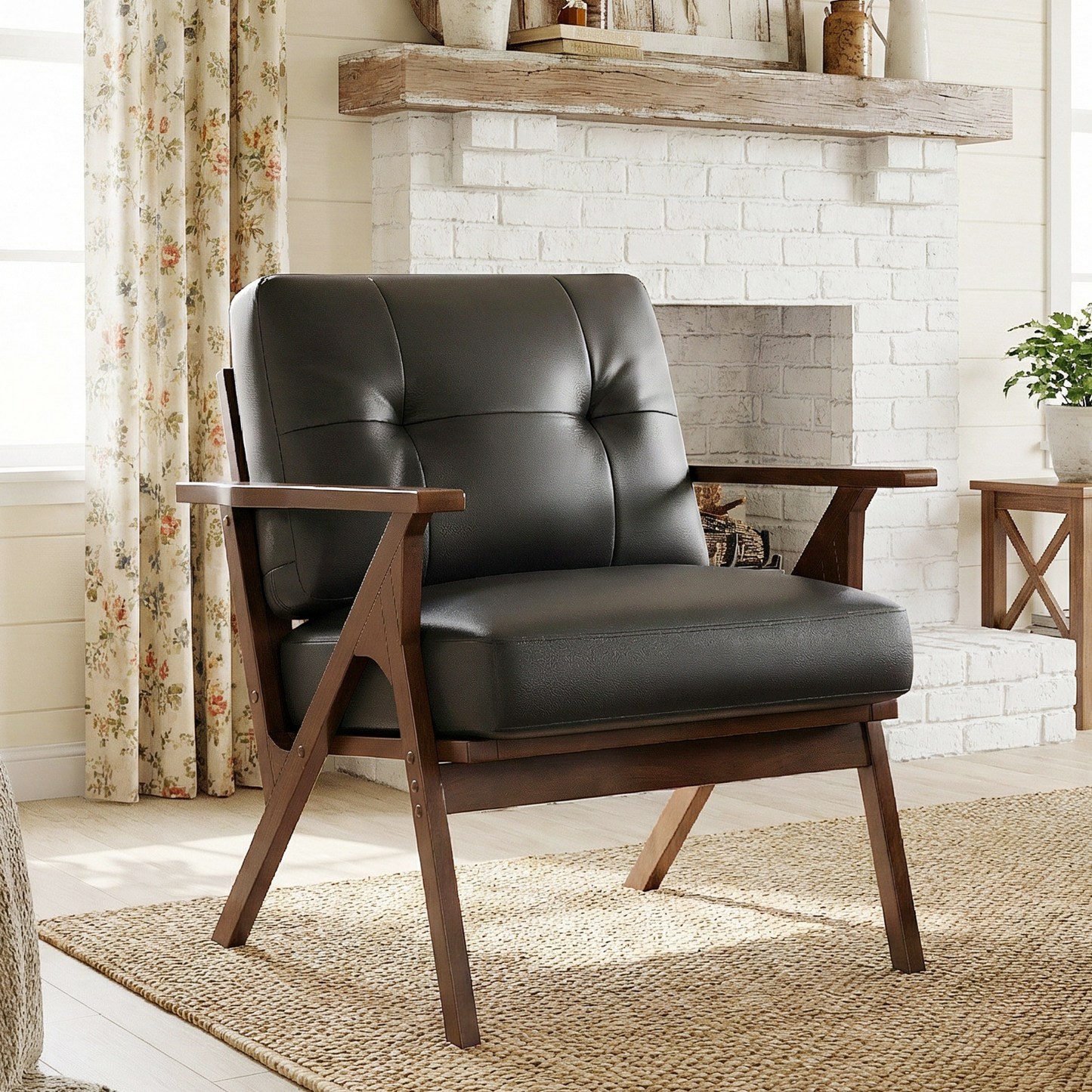 STHOUYN Black Leather Office Accent Chair Set of 2 with Wooden Arms, Comfy Guest Waiting Room Chairs, Mid Century Modern Chair, Side Arm Chairs for Living Room (Black, 1pc)