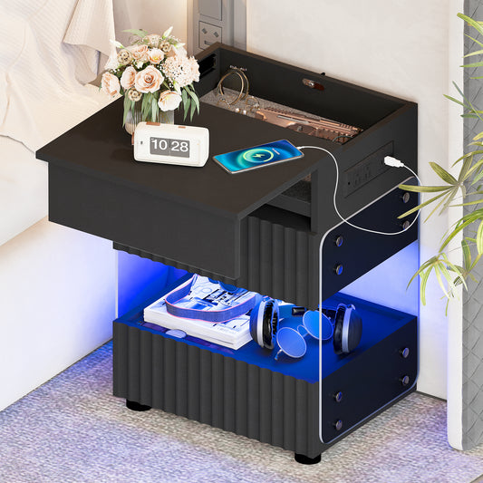 STHOUYN Bedroom LED Nightstand with Gun Drawers, Black Modern Night Stand with USB & Type-C Charging Station, Smart Nightstand Noght Stand, Bedside Table Gun Safe Side End Tables Office (1, Black)