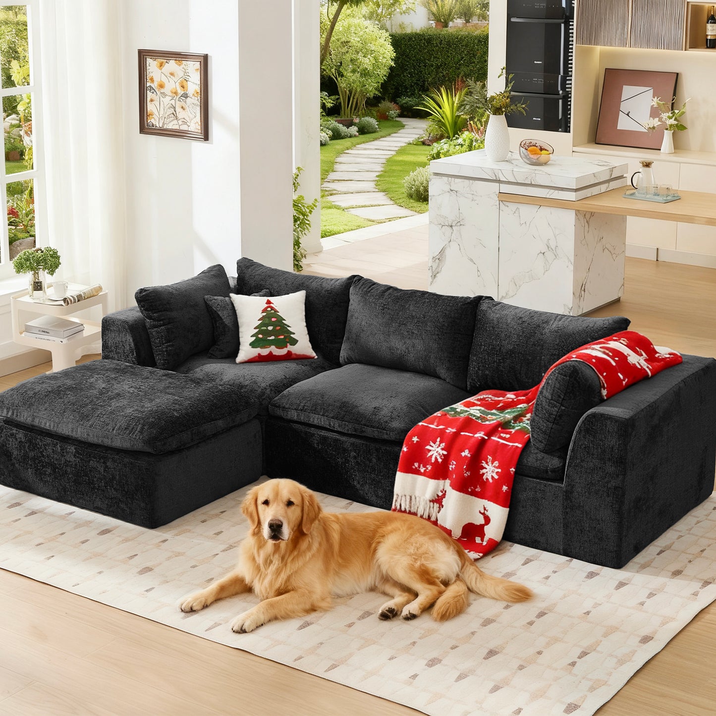 STHOUYN 113” Modern Black Boneless Sectional Couches for Living Room, Black Modular L Shape Cloud Sofa Couch with Ottoman, Comfy Big Oversized Corner Couch (Black, 3 Seater + 1 Ottoman)