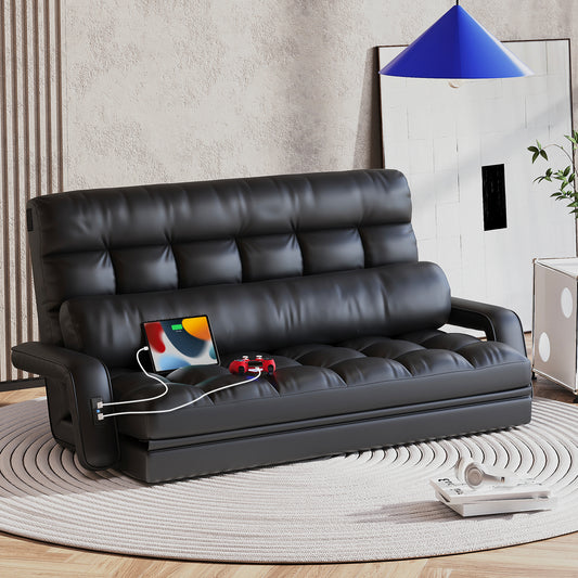 STHOUYN 6-Position Floor Lounge Sofa Bedroom Fold Out Couch, Floor Seating Bean Bag Bed RV No Bones Couch for Adults, Convertible Sleeper Memory Foam Lazy Sofa, Boneless Bed Furniture (Black Leather)