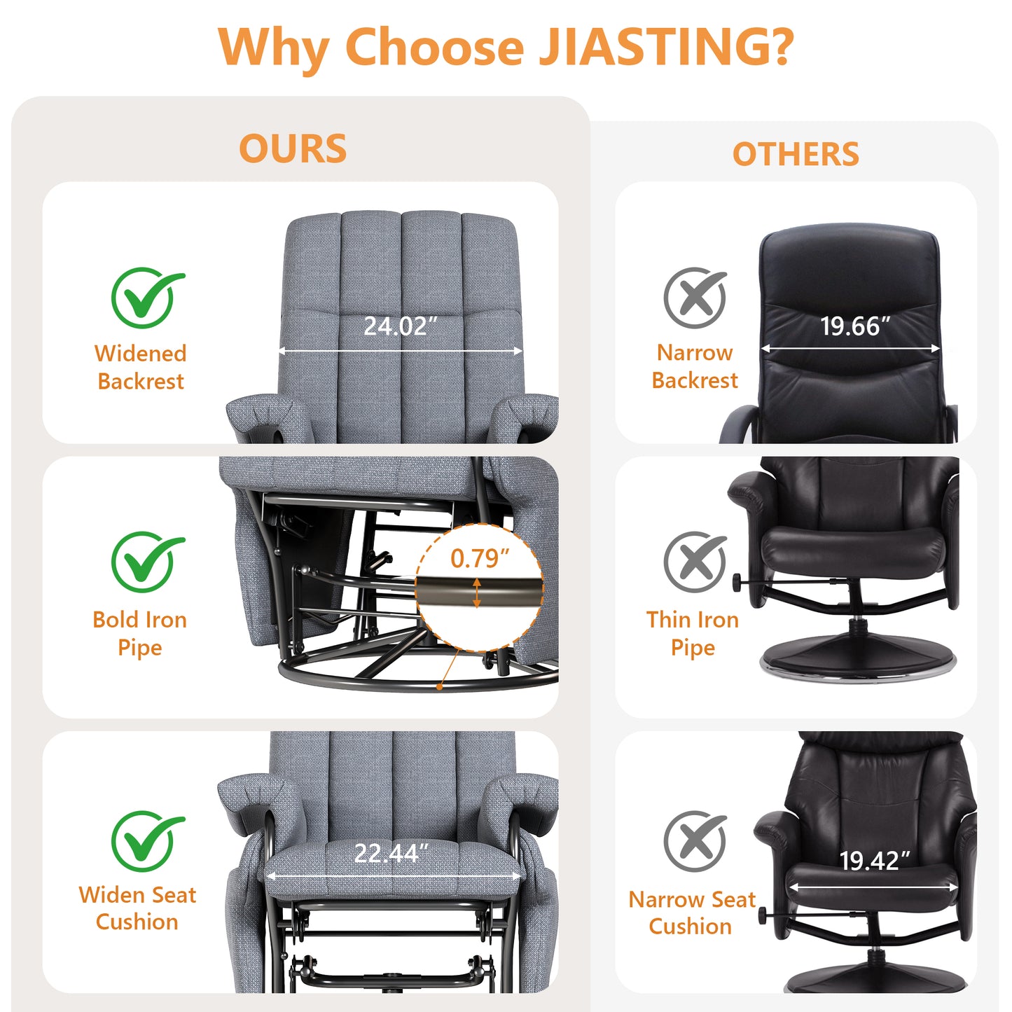 JIASTING 360° Swivel Recliner Chair with Ottoman & Double Side Pockets, Nursing Glider Rocking Recliner Chair, Gliding Chairs for Nursery, Living Room, Office, Bedroom, Metal Frame (Grey)