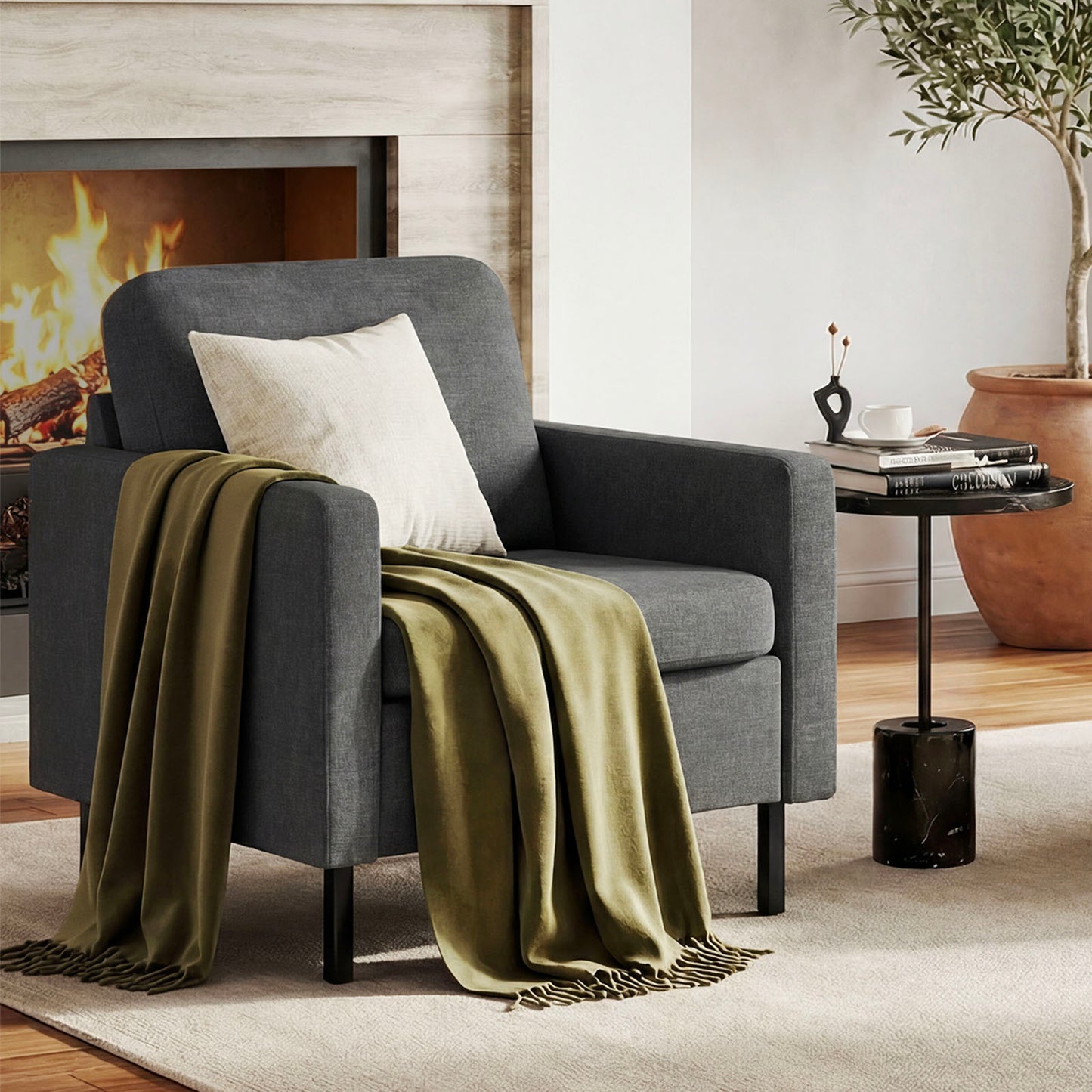 STHOUYN Modern Accent Chairs, Bedroom Chair with Side Pockets, Linen Fabric Living Room Chair, Side Arm Chairs for Apartment, Waiting Room (Dark Grey, 1pc)