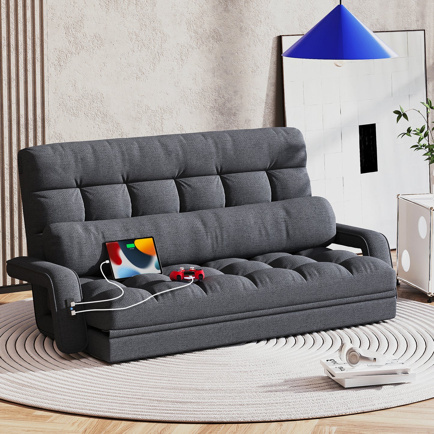 STHOUYN 6-Position Floor Lounge Sofa Bedroom Fold Out Couch, Floor Seating Bean Bag Bed RV No Bones Couch for Adults, Memory Foam Lazy Sofa, Boneless Bed Furniture (Grey Fabric)