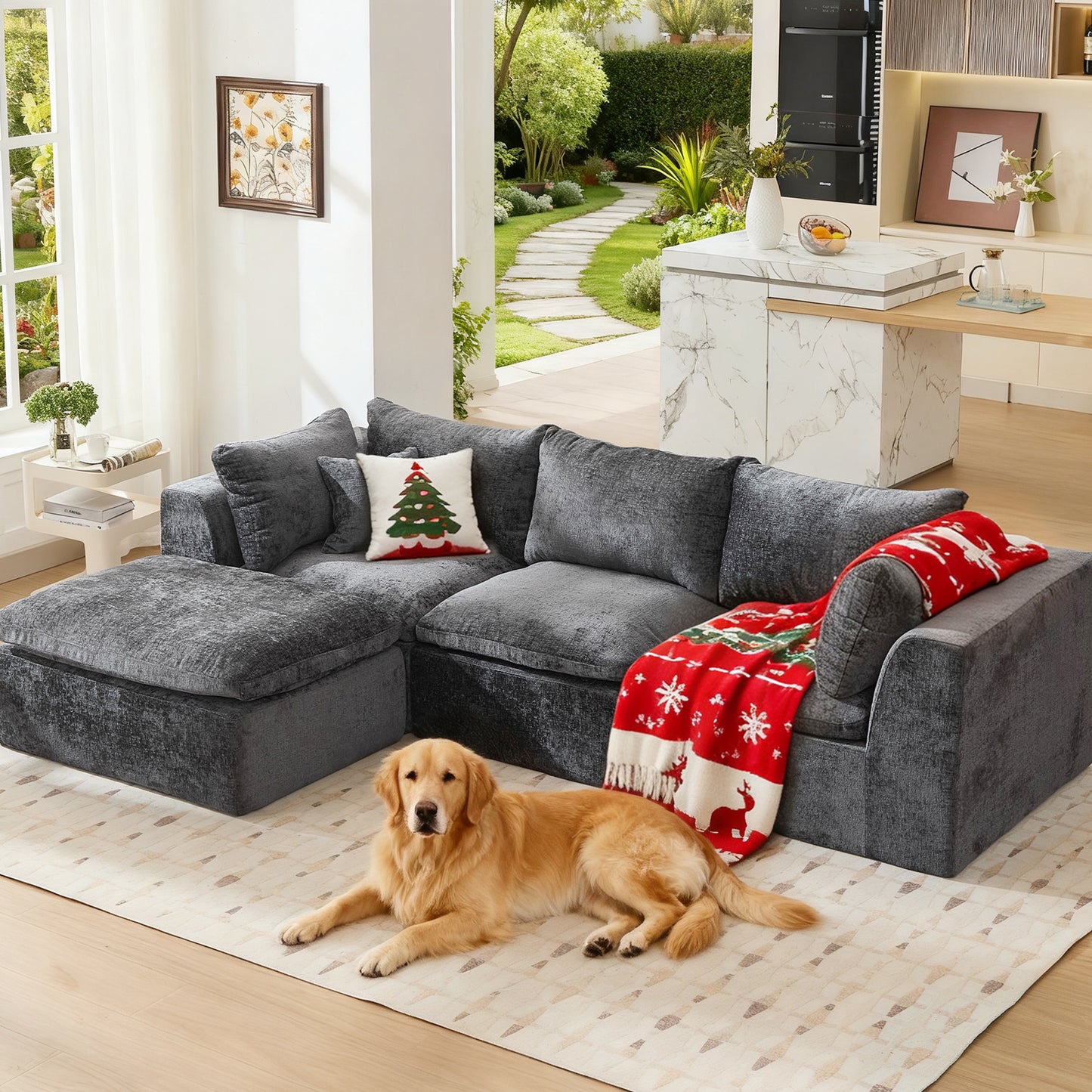 STHOUYN 113” Modern Grey Boneless Sectional Couches for Living Room, Grey Modular L Shape Cloud Sofa Couch with Ottoman, Comfy Big Oversized Corner Couch (Grey, 3 Seater + 1 Ottoman)