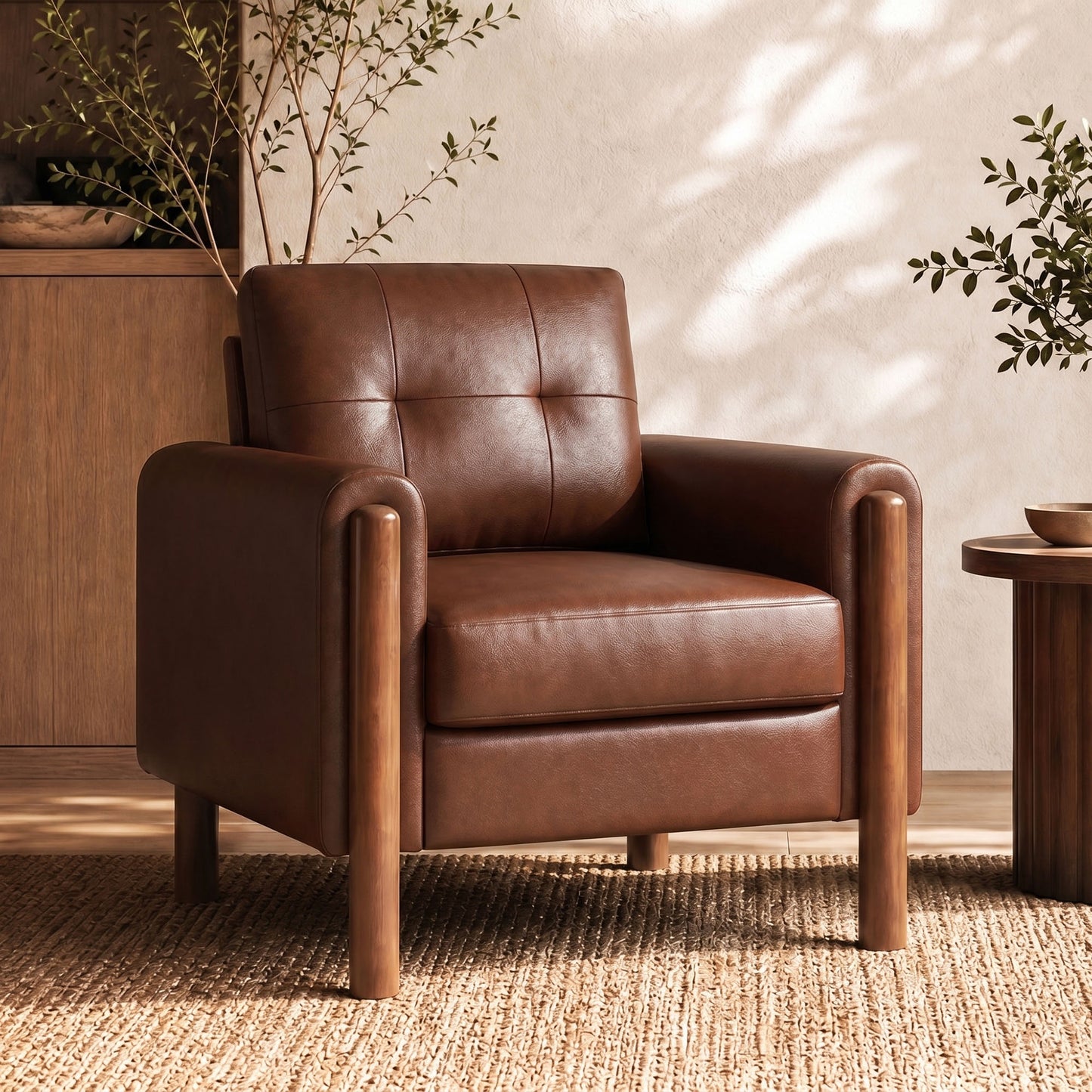 STHOUYN Brown Leather Oversized Accent Chair with Wood Armrests, Mid-Century Modern Tufted Living Room Chair, Comfy Reading Chair with Lumbar Support & Thick Cushion Waiting Room Office