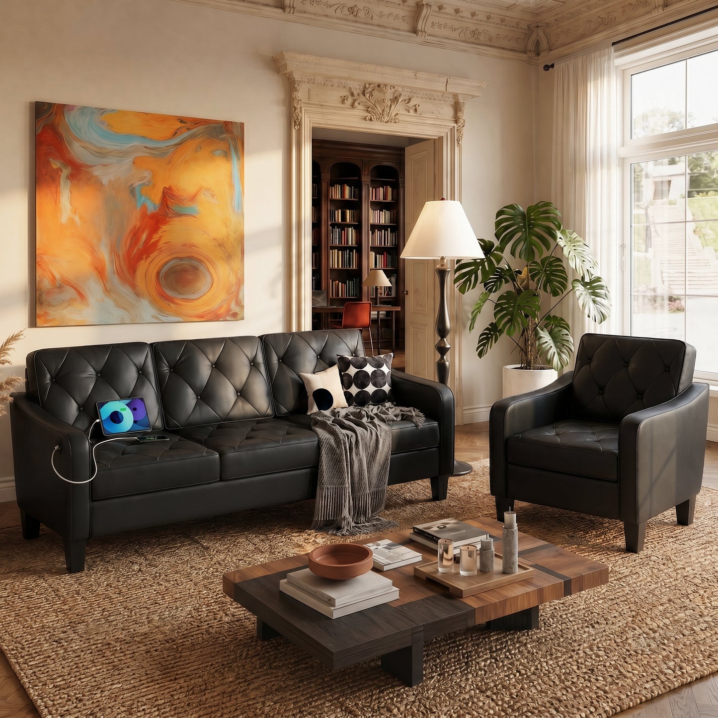 83” Black Faux Leather Couches for Living Room, Comfy 3 Seater Couch, Mid Century Sofa with Tufted Design, Office, or Waiting Area (Black) (Black Leather) (Black (1 Couch + 1 Chair))