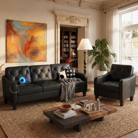 83” Black Faux Leather Couches for Living Room, Comfy 3 Seater Couch, Mid Century Sofa with Tufted Design, Office, or Waiting Area (Black) (Black Leather) (Black (1 Couch + 1 Chair))
