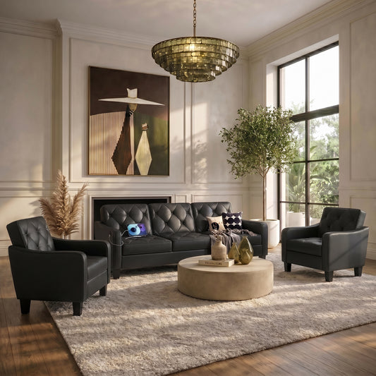 83” Black Faux Leather Couches for Living Room, Comfy 3 Seater Couch, Mid Century Sofa with Tufted Design, Office, or Waiting Area (Black) (Black Leather) (Black (1 Couch + 2 Chairs))