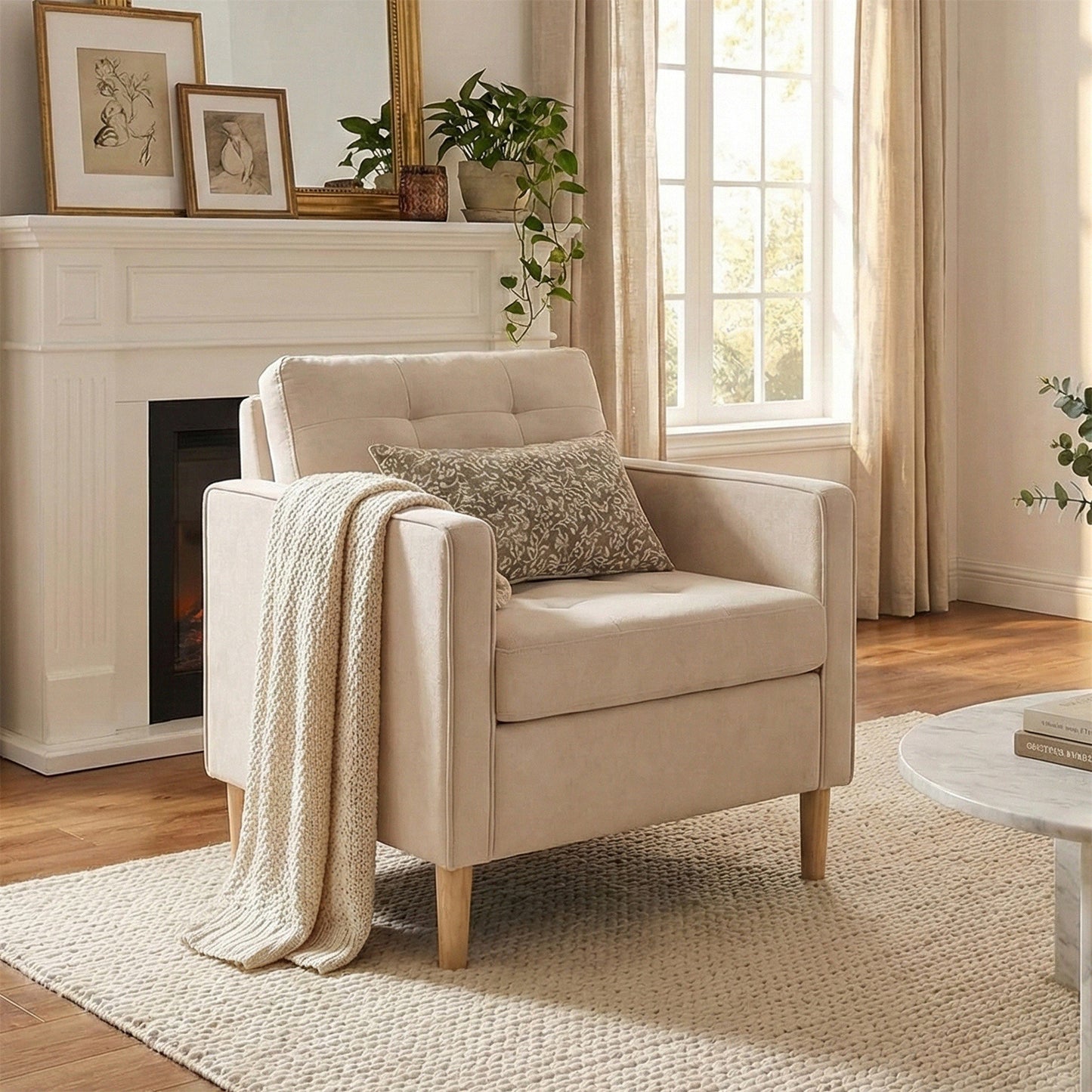 STHOUYN Accent Chair for Living Room w/ Solid Wood Legs, Mid Century Modern Reading Chair for Bedroom, Upholstered Comfy Armchair, Single Sofa Side Chair for Waiting Room, White